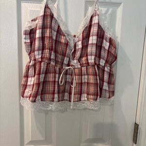 NWT American Eagle Outfitters Red Plaid Lace Camisole size L. 012026-0038